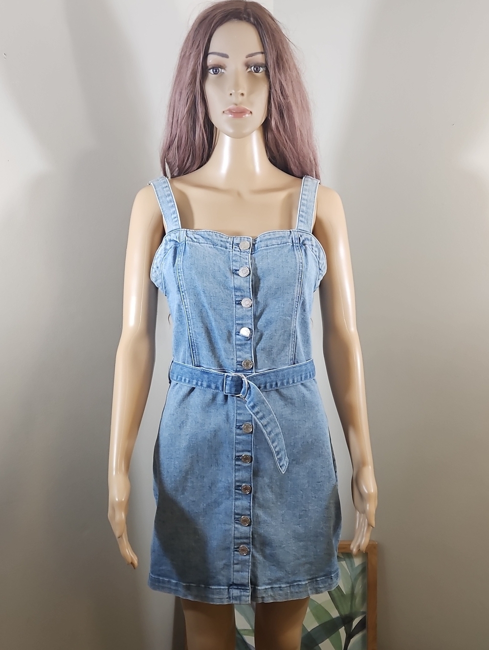 Garage Light Blue Denim Button-Front Mini Dress with Belt Overallsā·